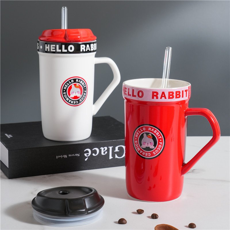 Cute cartoon rabbit gift ceramic mug with lid straw office coffee mug personalized color glaze mugs