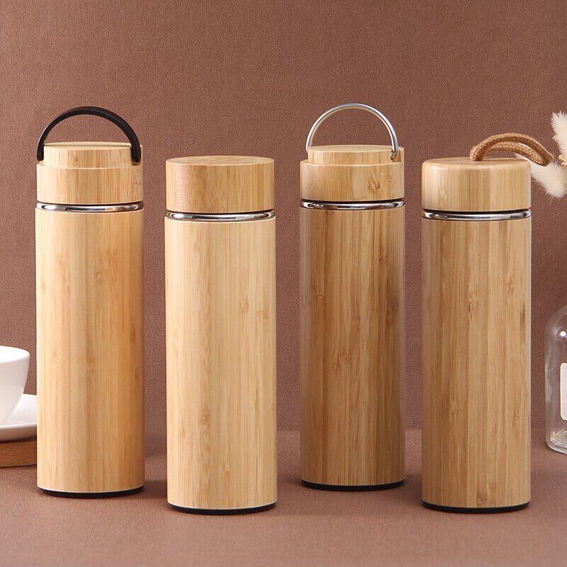 Eco-Friendly Personalised Engraved Bamboo Stainless Steel Water Bottles Insulated Coffee Travel Vacuum Cup With Tea Infuser