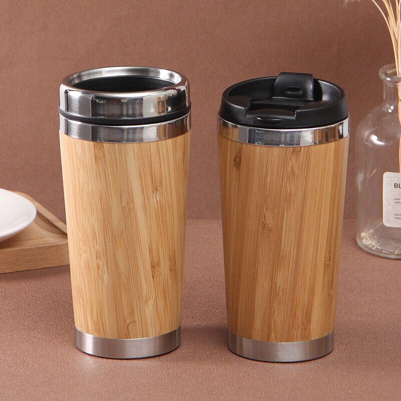Eco-Friendly Personalised Engraved Bamboo Stainless Steel Water Bottles Insulated Coffee Travel Vacuum Cup With Tea Infuser