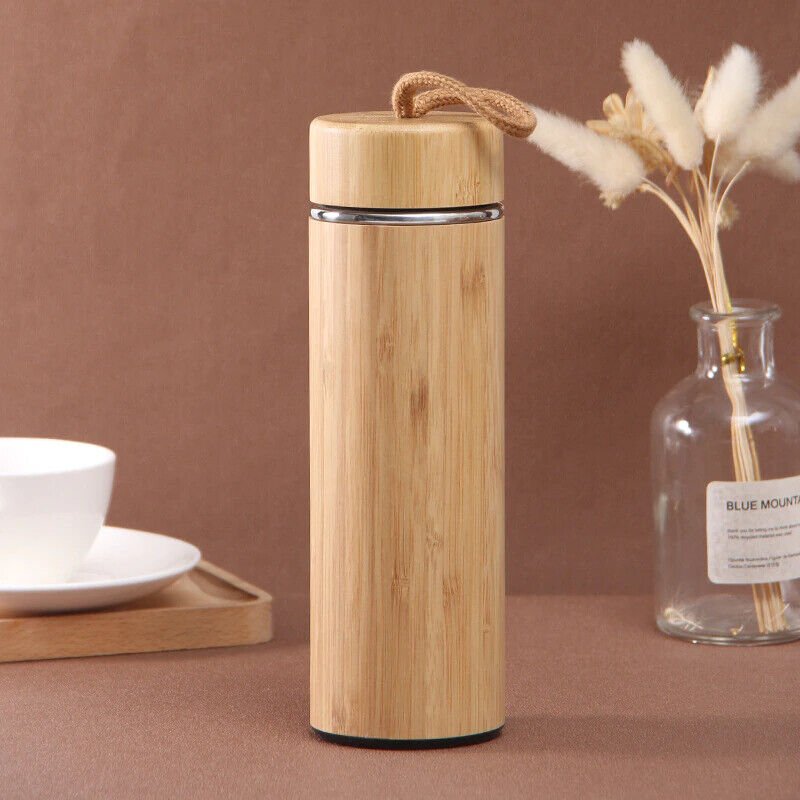 Eco-Friendly Personalised Engraved Bamboo Stainless Steel Water Bottles Insulated Coffee Travel Vacuum Cup With Tea Infuser