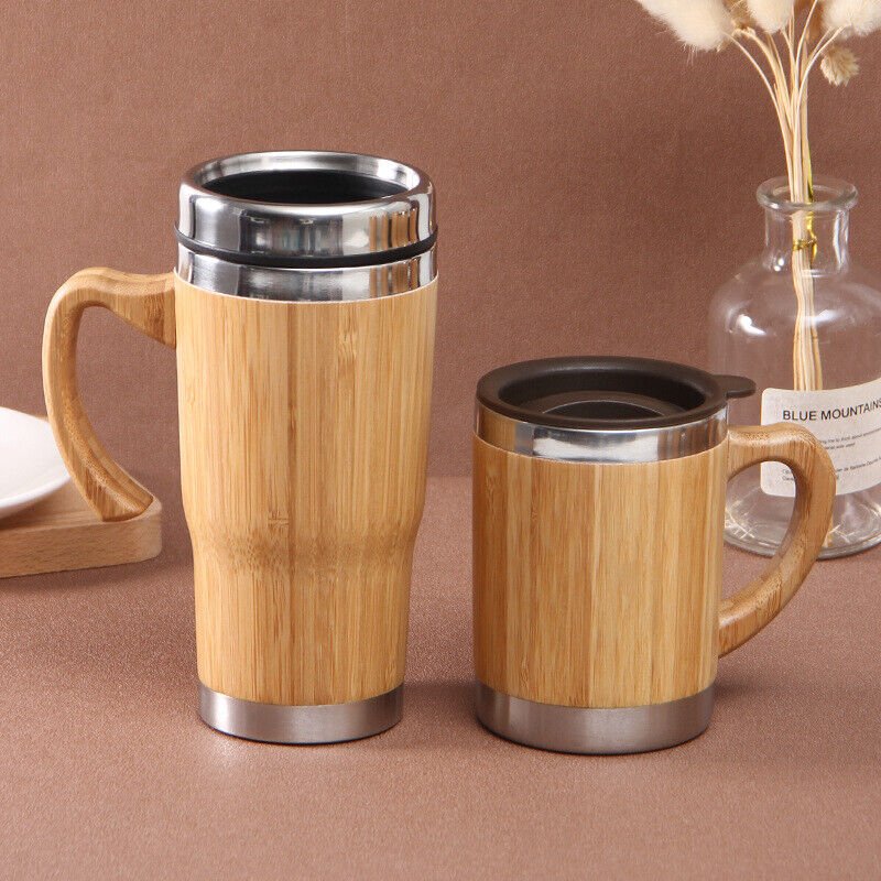 Eco-Friendly Personalised Engraved Bamboo Stainless Steel Water Bottles Insulated Coffee Travel Vacuum Cup With Tea Infuser