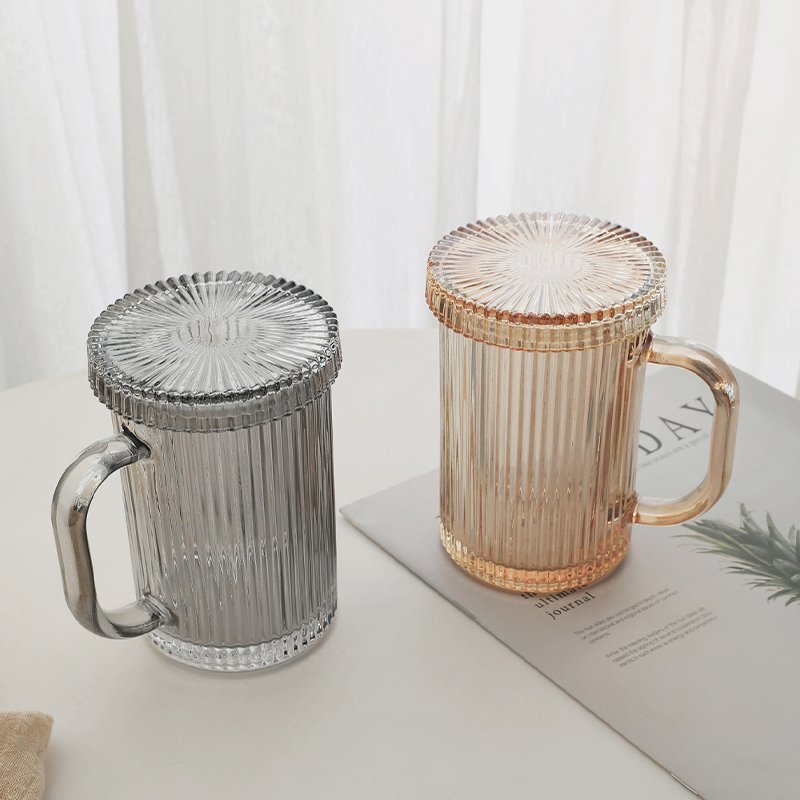 Creative Home Office Glass Coffee Mug Tea Cups Latte Espresso Coffee Ribbed Vertical Stripes Glass Mug With Lid Handle