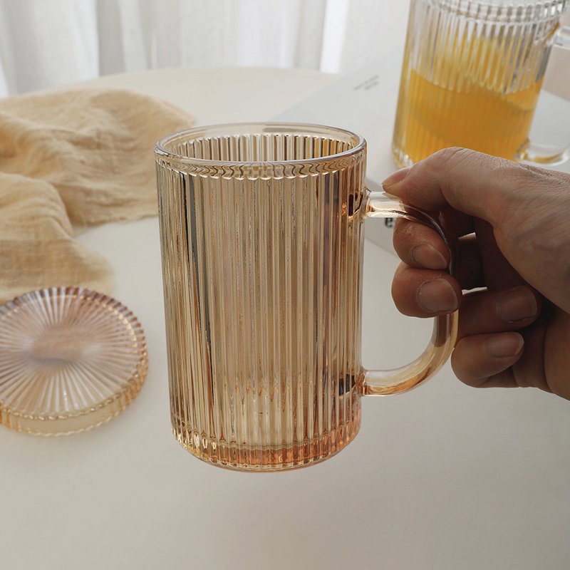 Creative Home Office Glass Coffee Mug Tea Cups Latte Espresso Coffee Ribbed Vertical Stripes Glass Mug With Lid Handle