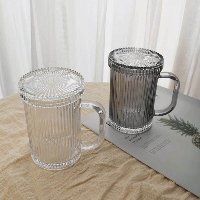 Creative Home Office Glass Coffee Mug Tea Cups Latte Espresso Coffee Ribbed Vertical Stripes Glass Mug With Lid Handle