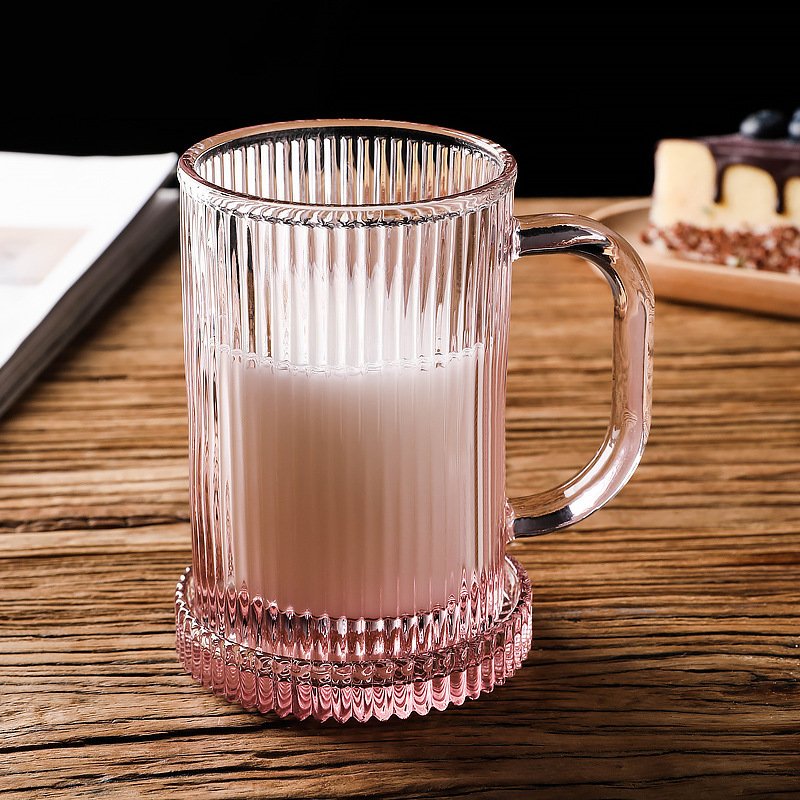 Creative Home Office Glass Coffee Mug Tea Cups Latte Espresso Coffee Ribbed Vertical Stripes Glass Mug With Lid Handle