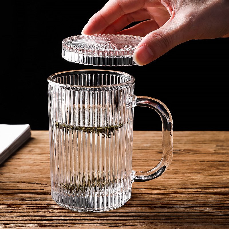 Creative Home Office Glass Coffee Mug Tea Cups Latte Espresso Coffee Ribbed Vertical Stripes Glass Mug With Lid Handle