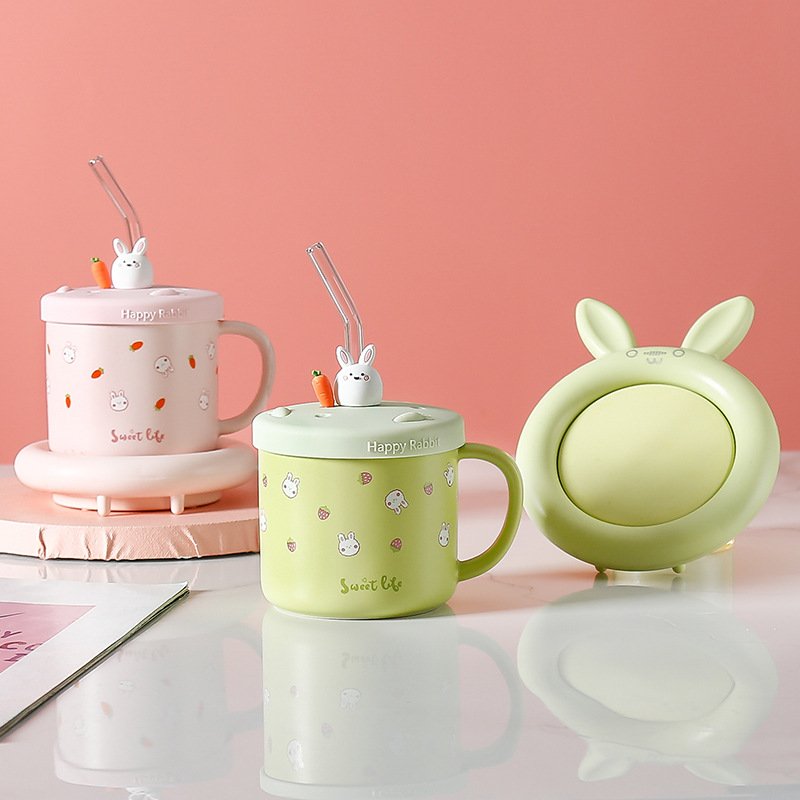 Hot Sell Constant Temperature Cup Cute Bunny Smart Electric Charging Ceramic Tea Coffee Mug Warmer Set for Home Office Desk