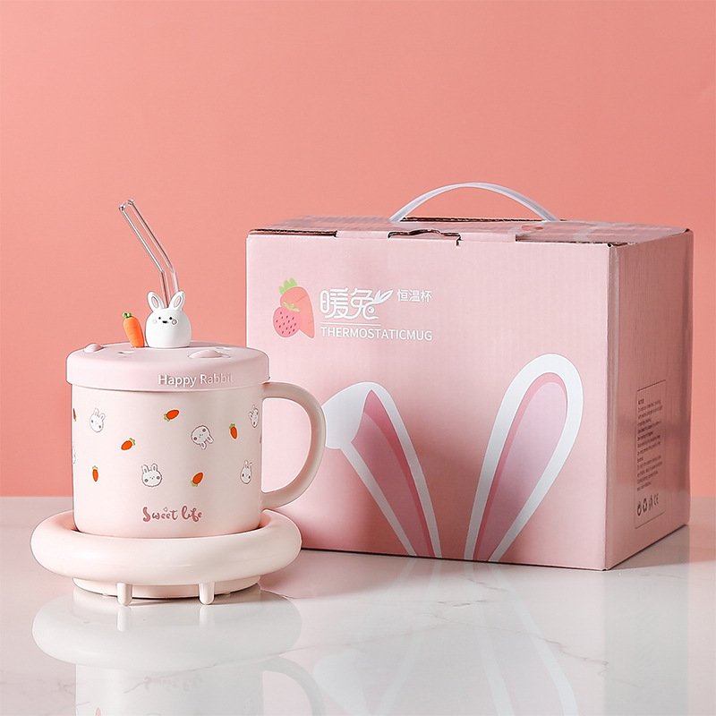 Hot Sell Constant Temperature Cup Cute Bunny Smart Electric Charging Ceramic Tea Coffee Mug Warmer Set for Home Office Desk