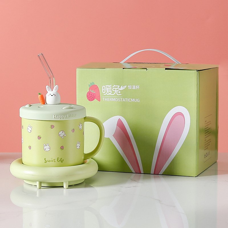 Hot Sell Constant Temperature Cup Cute Bunny Smart Electric Charging Ceramic Tea Coffee Mug Warmer Set for Home Office Desk