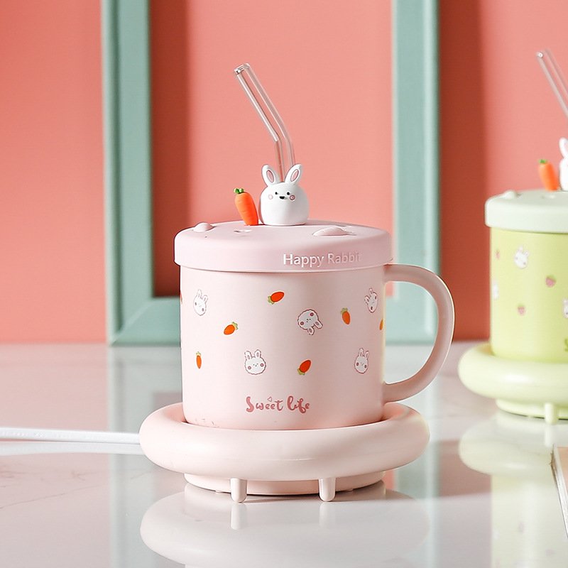 Hot Sell Constant Temperature Cup Cute Bunny Smart Electric Charging Ceramic Tea Coffee Mug Warmer Set for Home Office Desk