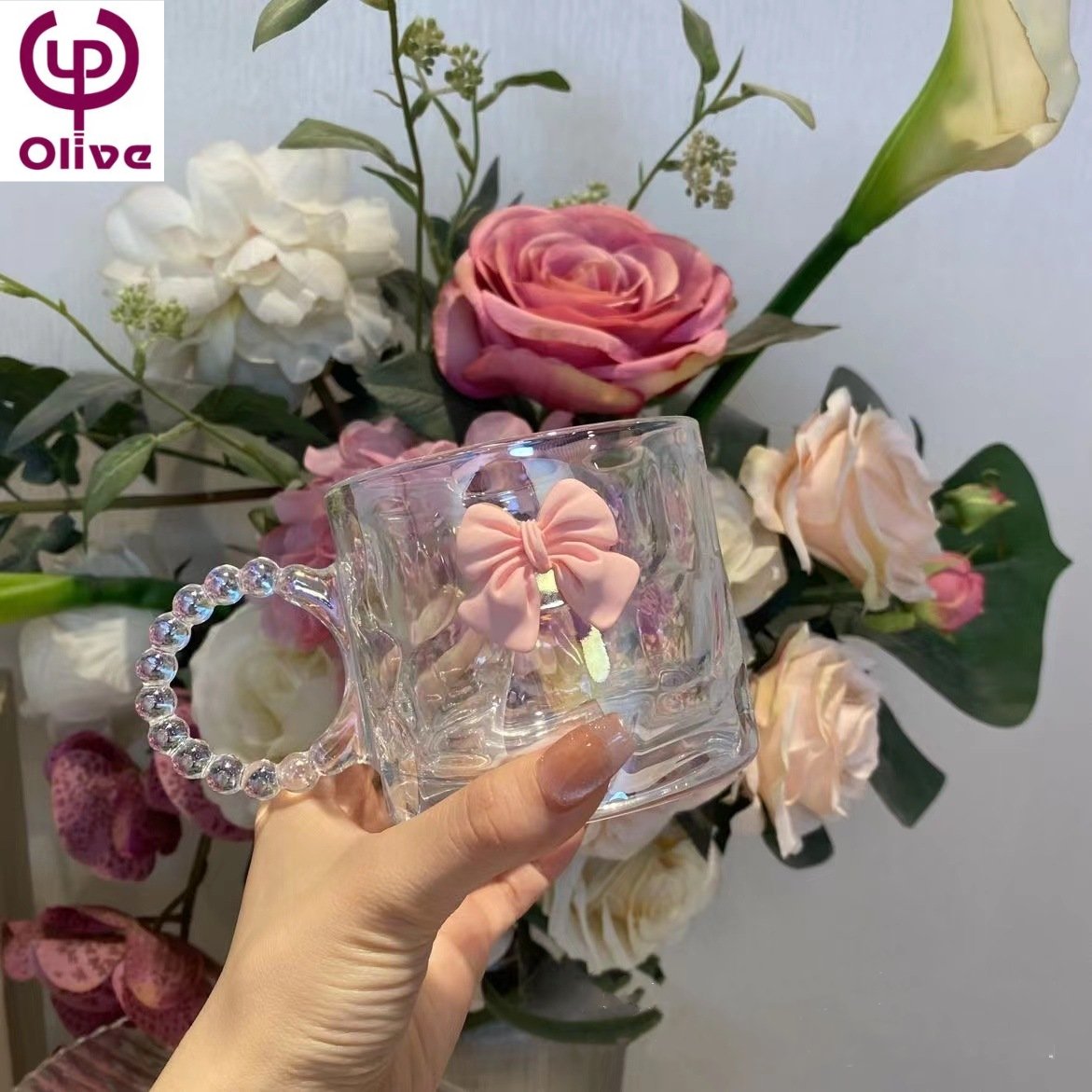 260ml Romantic Style Cups Bowknot Coffee Mug Crystal Glass Nordic Wrinkle Cup Drinking Coffee Tumbler English Letter Lazzy Cup