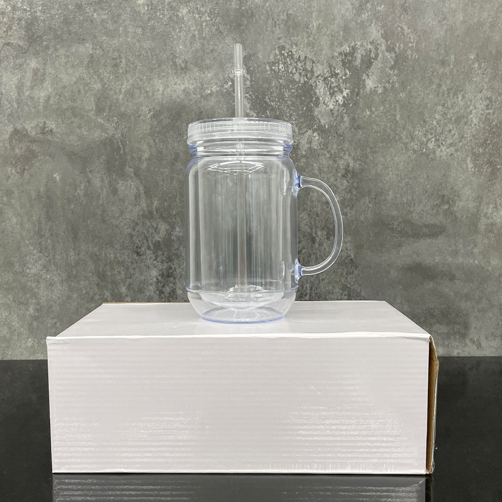 Custom logo DIY 20oz clear snow globe plastic mug cup with handle 20 oz double wall acrylic mason tumbler with lids and straws