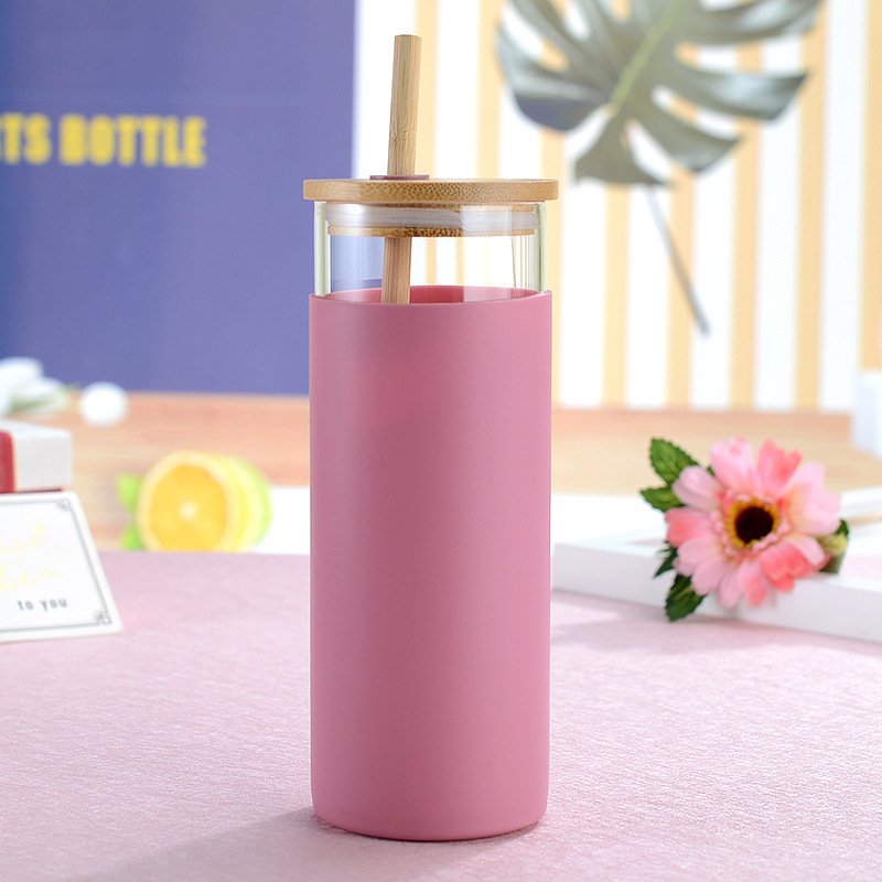 500ML Glass Tumbler Coffee Tumbler With Bamboo Lid Straw Silicone Protective Sleeve BPA Free Glass Water Bottle