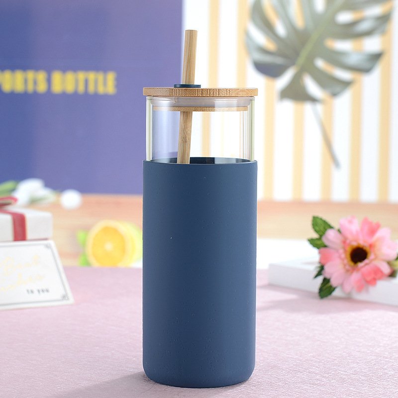 500ML Glass Tumbler Coffee Tumbler With Bamboo Lid Straw Silicone Protective Sleeve BPA Free Glass Water Bottle