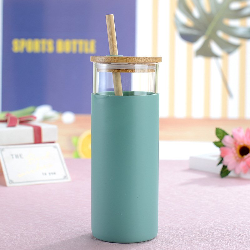 500ML Glass Tumbler Coffee Tumbler With Bamboo Lid Straw Silicone Protective Sleeve BPA Free Glass Water Bottle