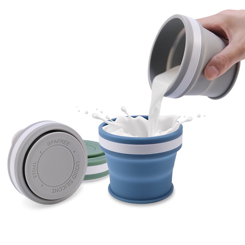 Custom Portable Eco Friendly 270ml 8oz 9oz Folding Silicone Cups Reusable Collapsible Foldable Travel Coffee Mug with Lid