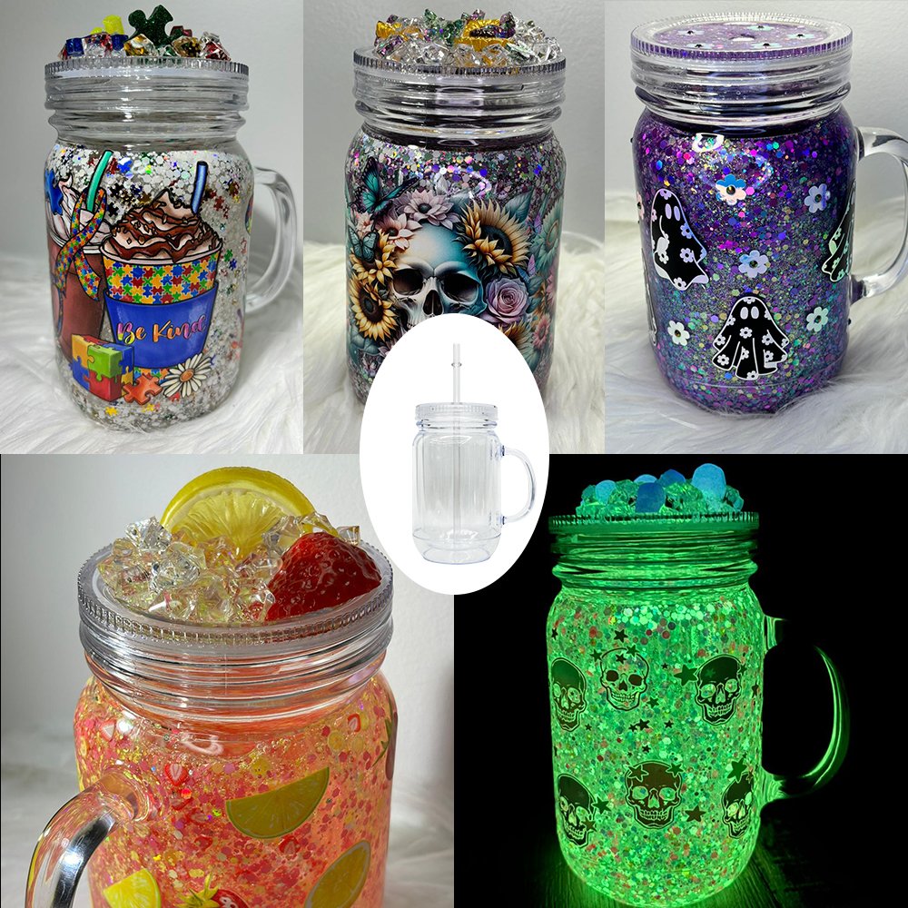 BPA free New RTS 20oz double wall plastic transparent mason acrylic mugs jar with handle for UV DTF wraps and DIY