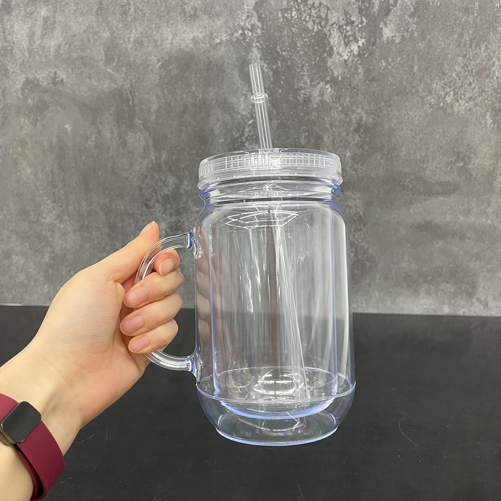 BPA free New RTS 20oz double wall plastic transparent mason acrylic mugs jar with handle for UV DTF wraps and DIY