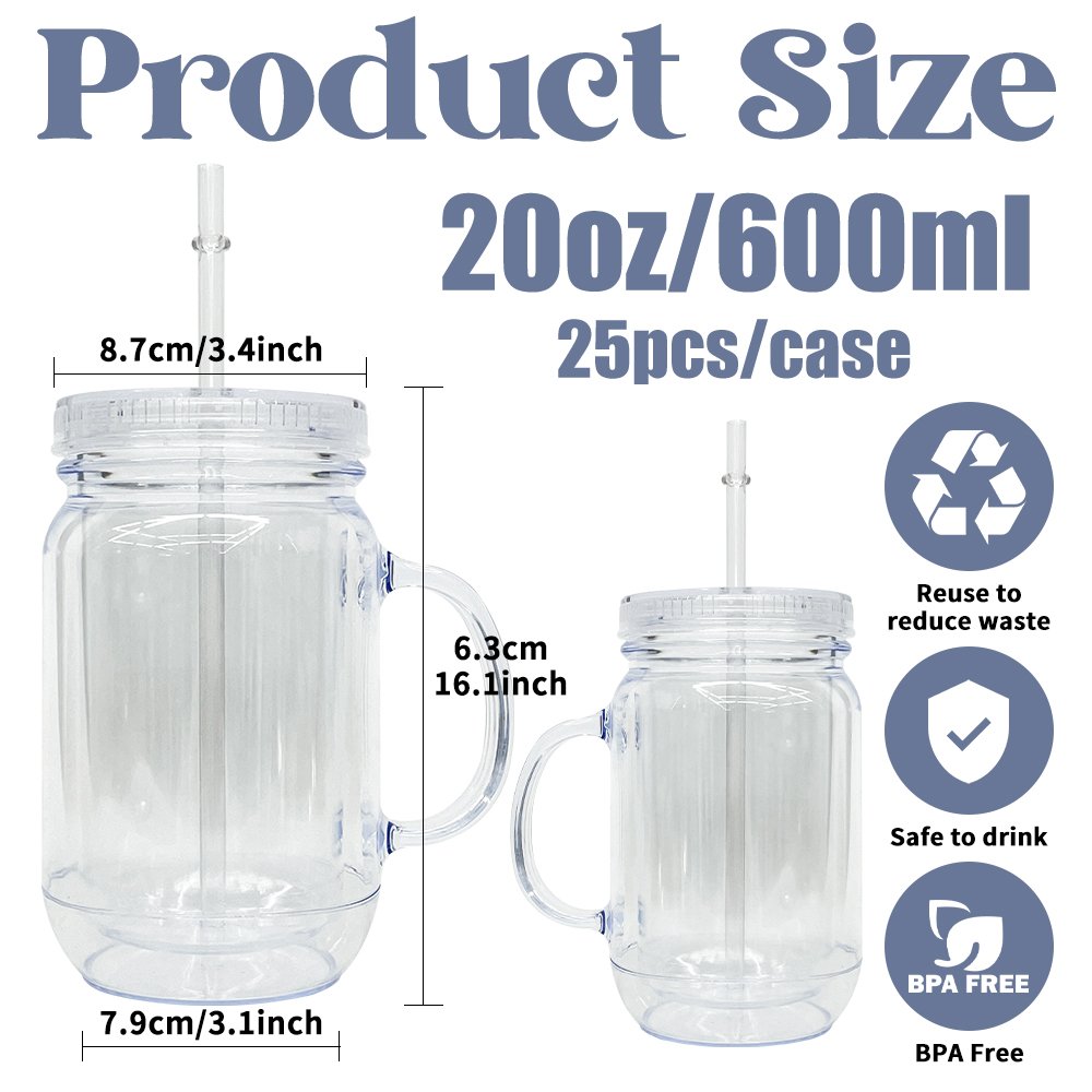 BPA free New RTS 20oz double wall plastic transparent mason acrylic mugs jar with handle for UV DTF wraps and DIY