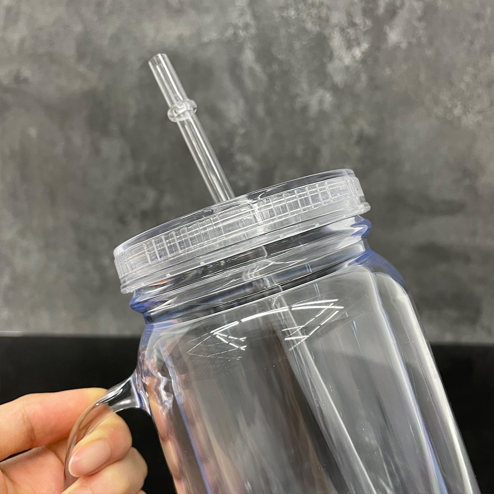 BPA free New RTS 20oz double wall plastic transparent mason acrylic mugs jar with handle for UV DTF wraps and DIY
