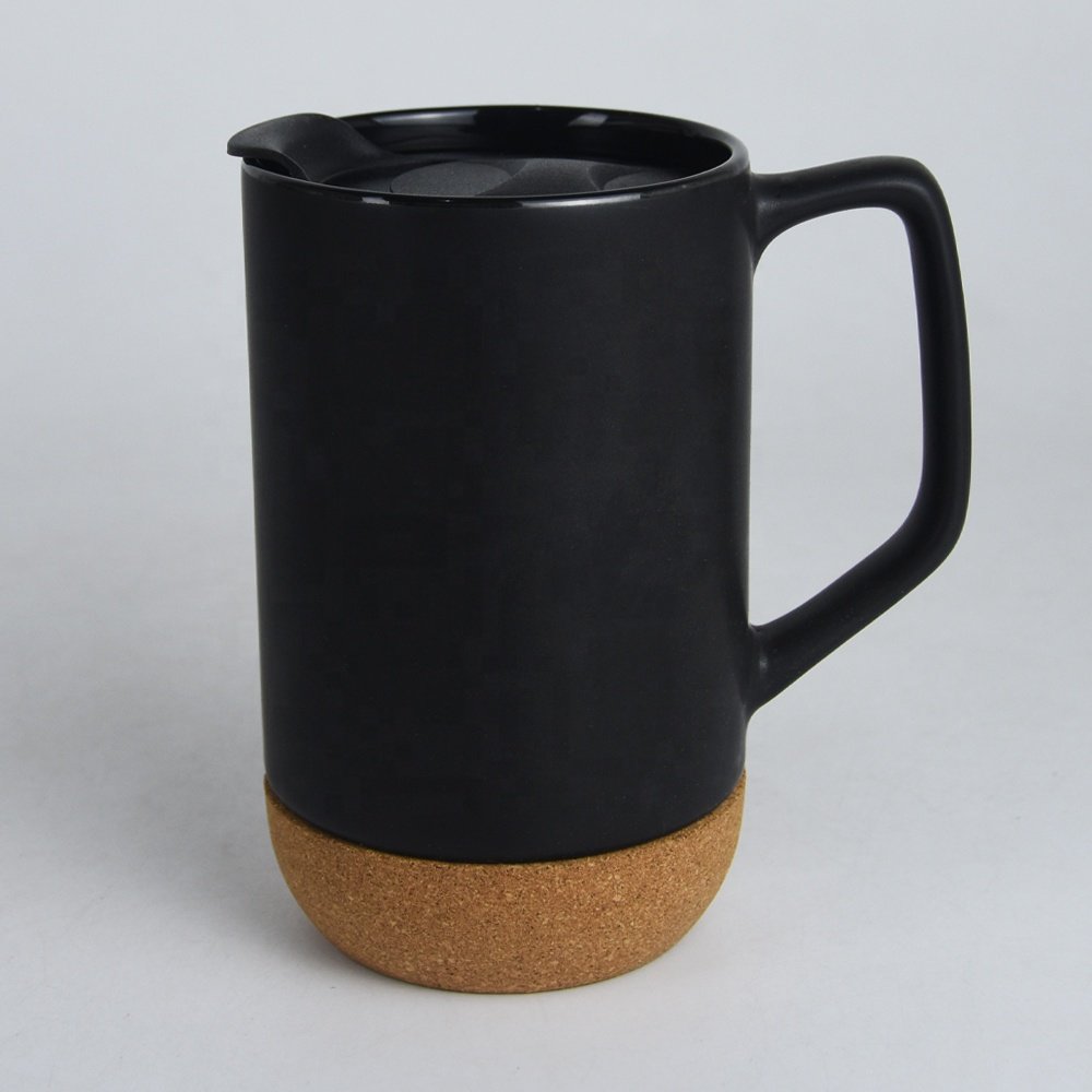 17 oz stoneware mug with Cork Base and PP Lid, matte glaze mug with cork base and lid, 14 oz office ceramic coffee mug with lid