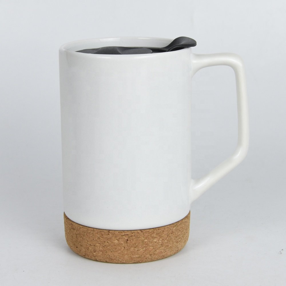17 oz stoneware mug with Cork Base and PP Lid, matte glaze mug with cork base and lid, 14 oz office ceramic coffee mug with lid