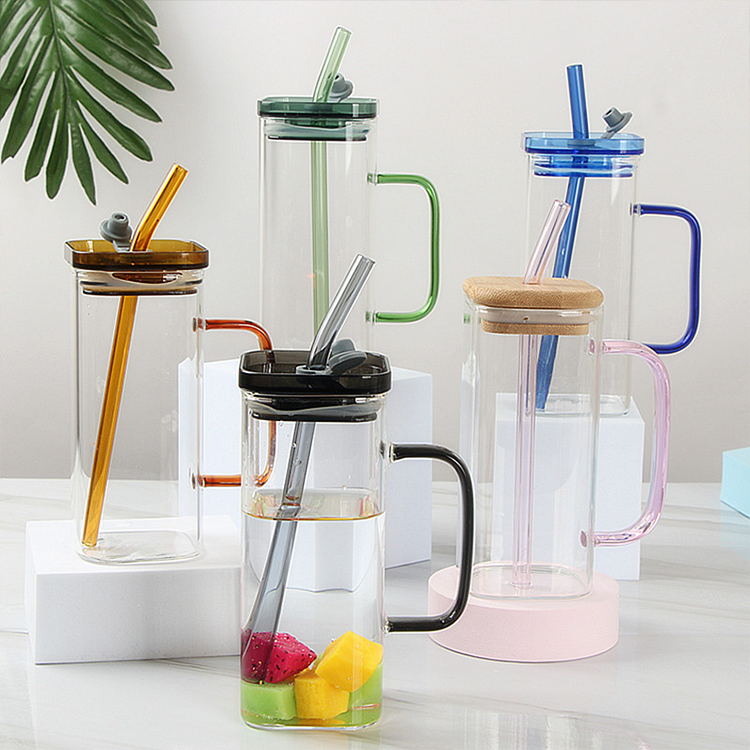 2023 best selling square shape high borosilicate glass cup 400ml glass mug with colored handle and plastic lid
