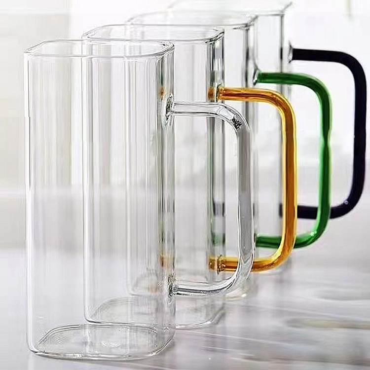 2023 best selling square shape high borosilicate glass cup 400ml glass mug with colored handle and plastic lid