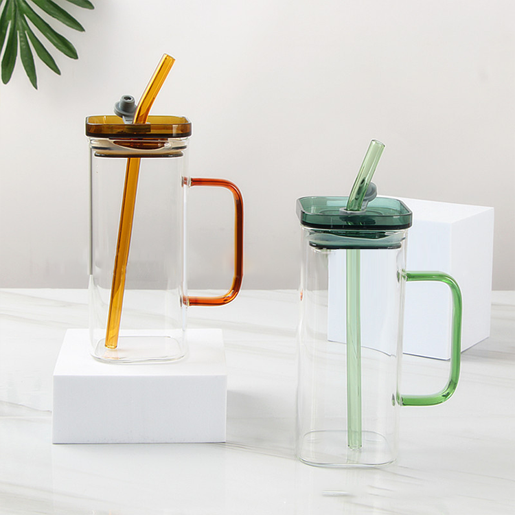 2023 best selling square shape high borosilicate glass cup 400ml glass mug with colored handle and plastic lid