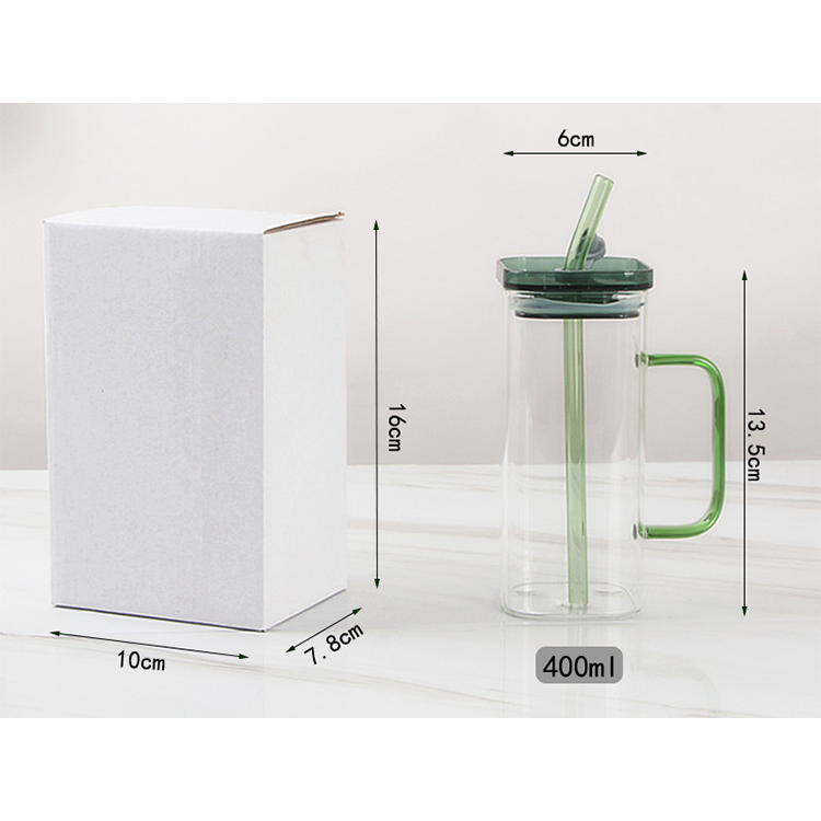 2023 best selling square shape high borosilicate glass cup 400ml glass mug with colored handle and plastic lid