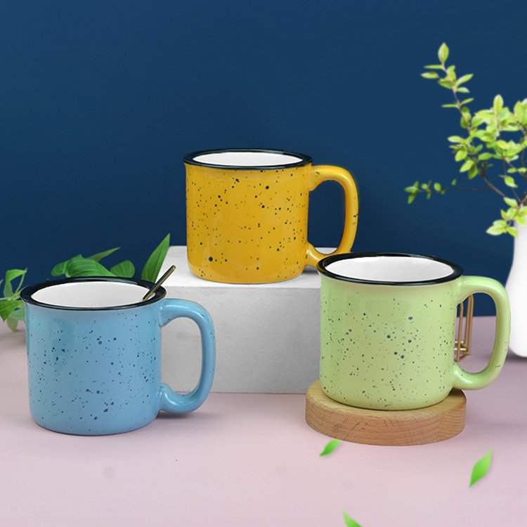 wholesale Custom Logo retro 400ml 13oz Imitation Enamel black White Blue Yellow Green Splash Speckle ceramic coffee mug