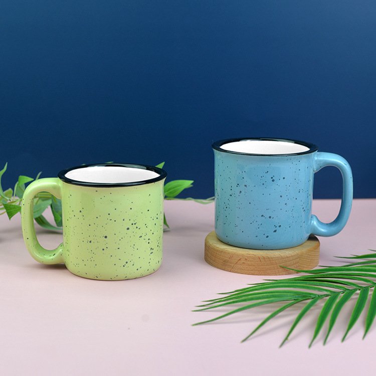 wholesale Custom Logo retro 400ml 13oz Imitation Enamel black White Blue Yellow Green Splash Speckle ceramic coffee mug