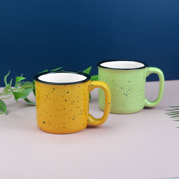wholesale Custom Logo retro 400ml 13oz Imitation Enamel black White Blue Yellow Green Splash Speckle ceramic coffee mug