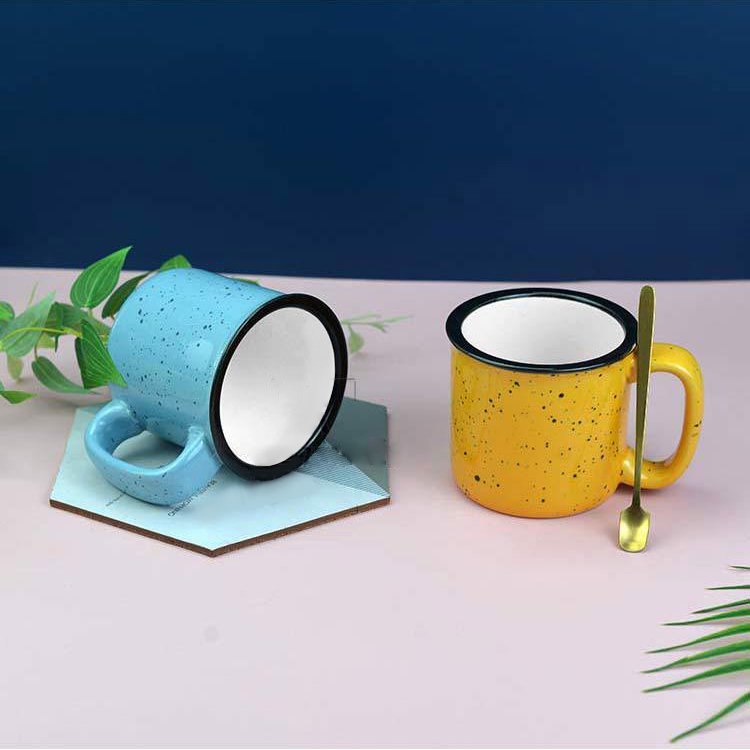 wholesale Custom Logo retro 400ml 13oz Imitation Enamel black White Blue Yellow Green Splash Speckle ceramic coffee mug