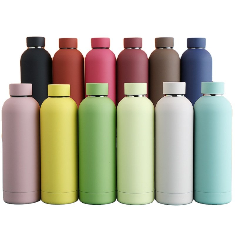 Custom print double wall insulated thermos bottle soft rubber paint small mouth stainless steel water bottle 350ml 500ml 750ml