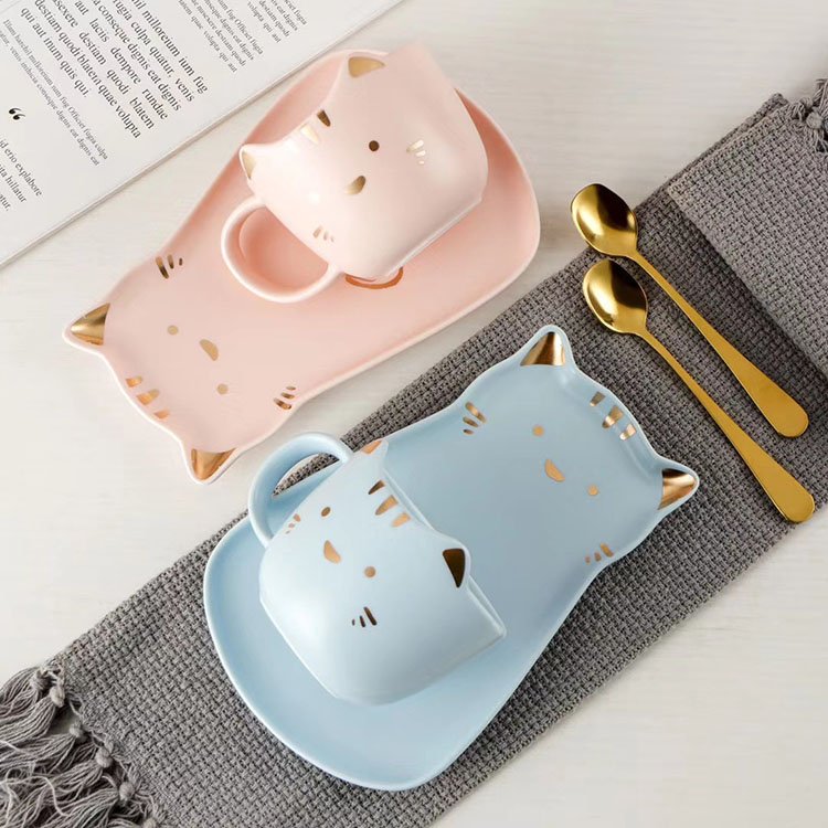 Creative Cartoon Porcelain Cute 3D Cat Mugs Milk Cup Set With Tray