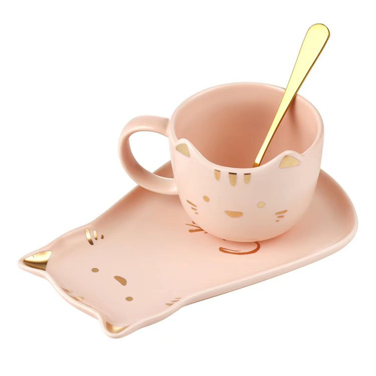 Creative Cartoon Porcelain Cute 3D Cat Mugs Milk Cup Set With Tray