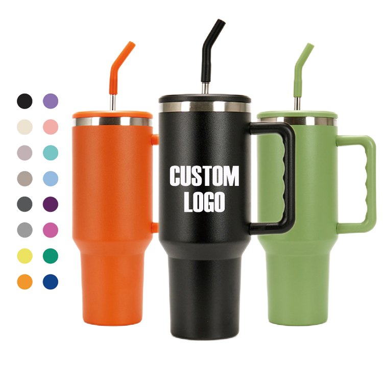 40oz Tumbler with handle sublimation double wall stainless steel tumbler with silicone straw travel coffee mug with lid