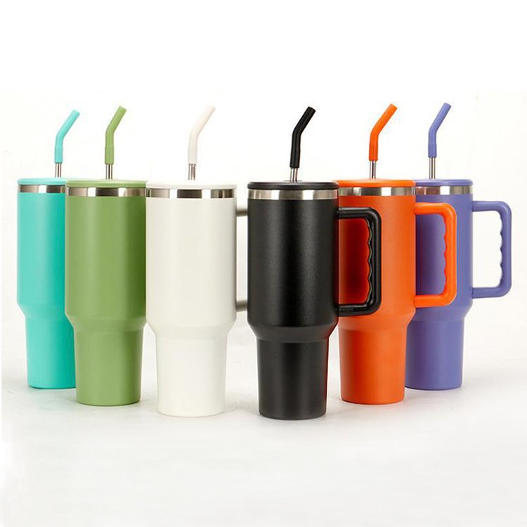40oz Tumbler with handle sublimation double wall stainless steel tumbler with silicone straw travel coffee mug with lid