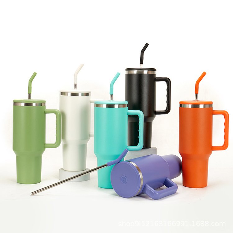 40oz Tumbler with handle sublimation double wall stainless steel tumbler with silicone straw travel coffee mug with lid