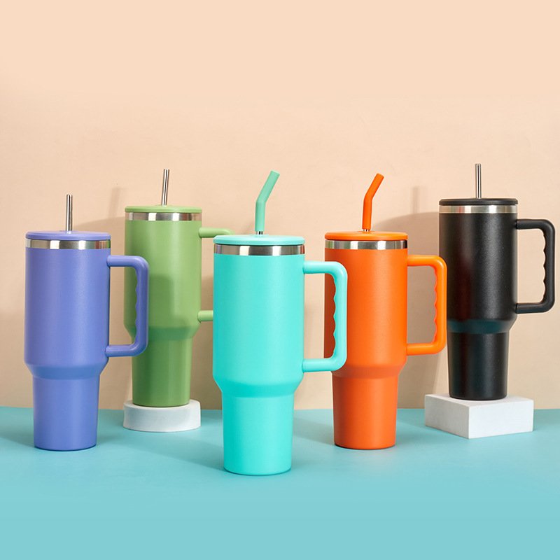 40oz Tumbler with handle sublimation double wall stainless steel tumbler with silicone straw travel coffee mug with lid