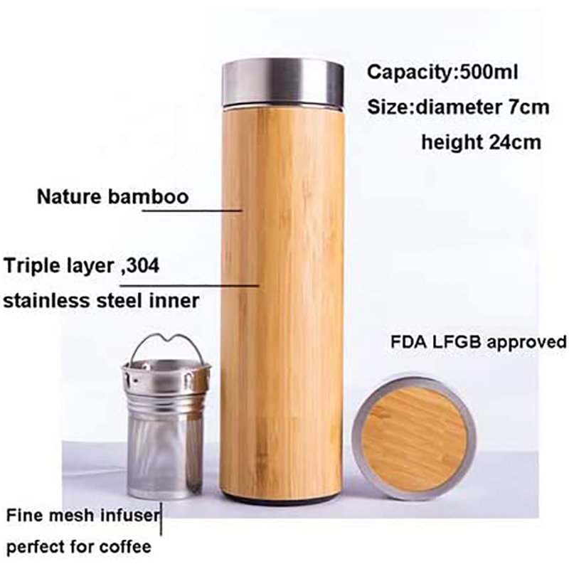FACTORY PRICE custom logo leak proof 500ml stainless steel double wall wooden insulated thermos bamboo water bottle with filter