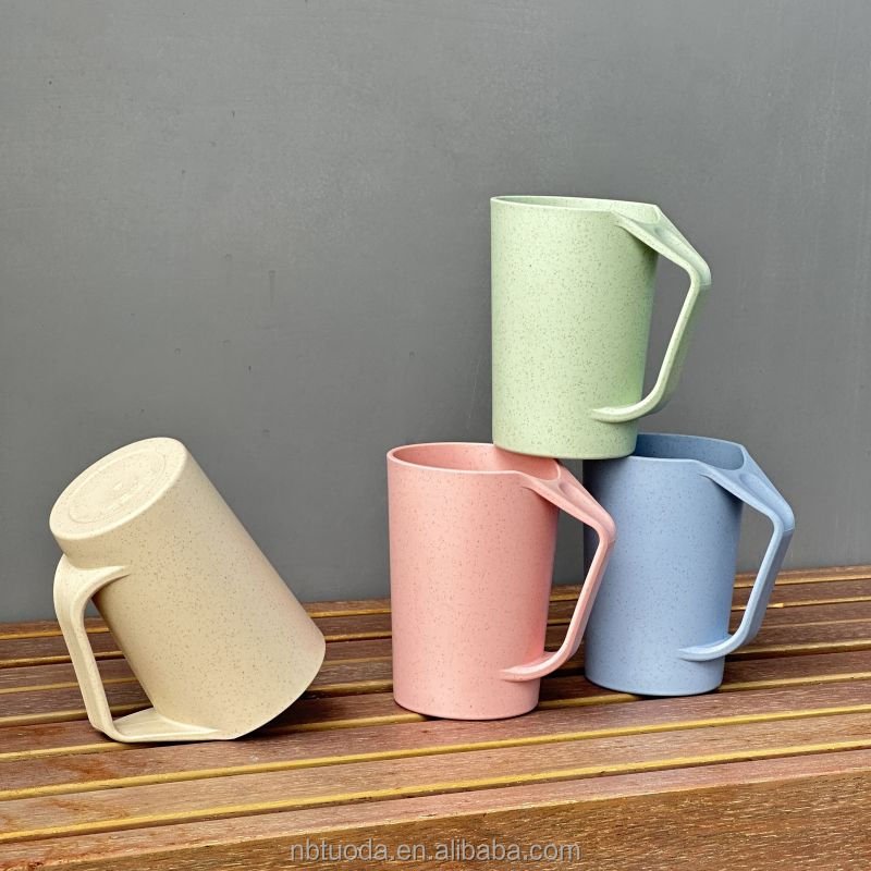 16 oz Eco Friendly wheat straw water cup with handles reusable coffee cup travel wheat straw mugs