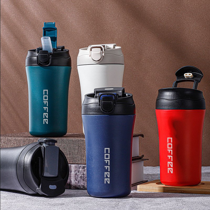 400ml Stainless Steel Double Wall Coffee Mug Insulated Coffee Cup Vacuum Flask for Coffee Flip Open Straw Drinking Tumbler