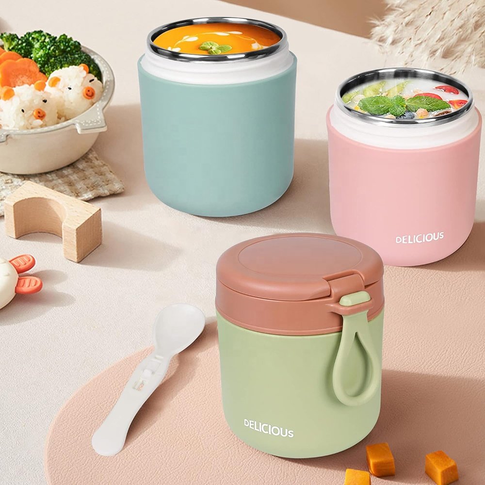 Wholesale Take Away Food Container Leak-proof Stainless Steel Insulated Lunch Box Kids Food Flask with Folding Spoon