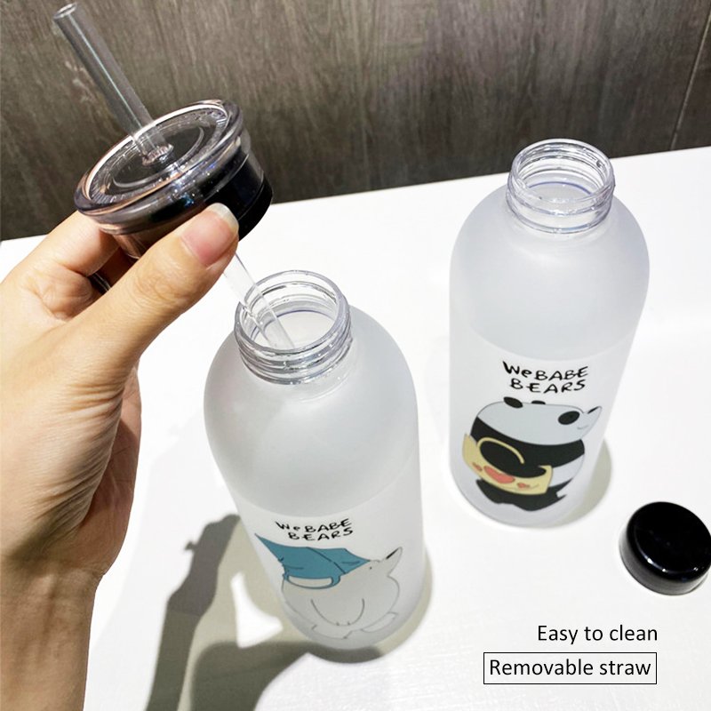Cute Panda Bear Cup 1000ml Water Bottles With Straw Transparent Cartoon Water Bottle Drinkware Frosted Leak-proof Protein Shaker
