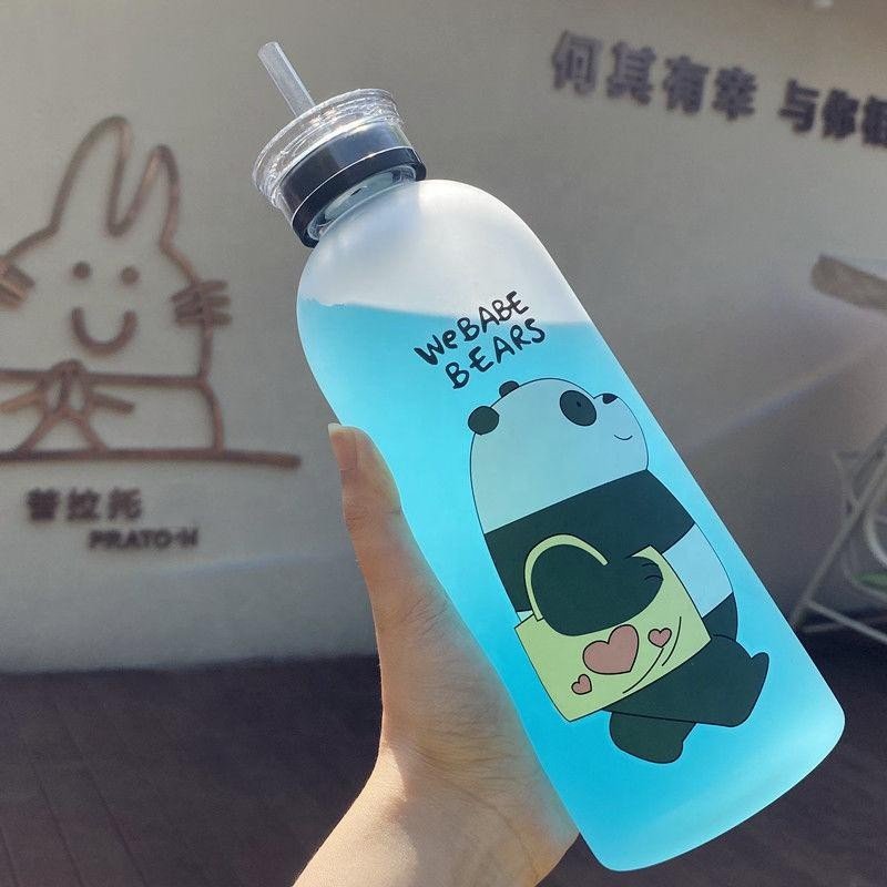 Cute Panda Bear Cup 1000ml Water Bottles With Straw Transparent Cartoon Water Bottle Drinkware Frosted Leak-proof Protein Shaker