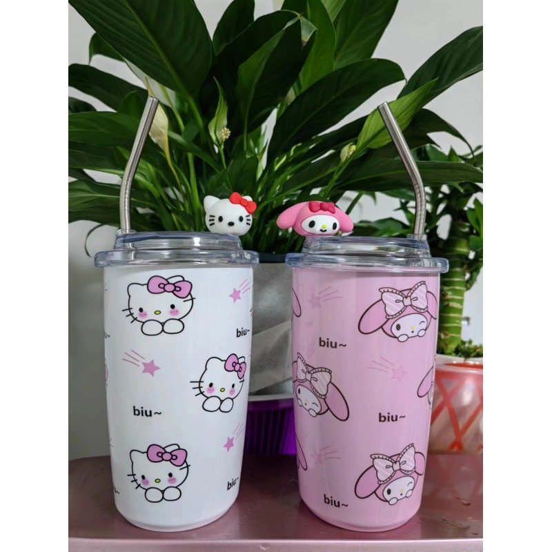 Hello KT stainless steel straw cup thermos vacuum flasks coffee mugs with lid