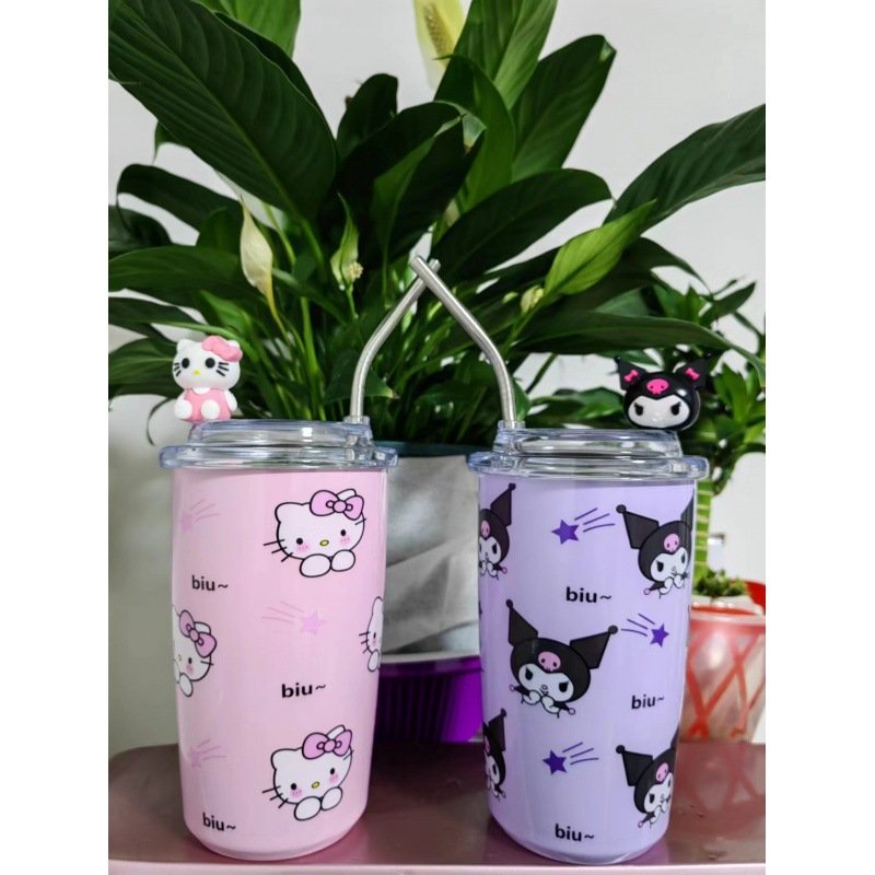 Hello KT stainless steel straw cup thermos vacuum flasks coffee mugs with lid