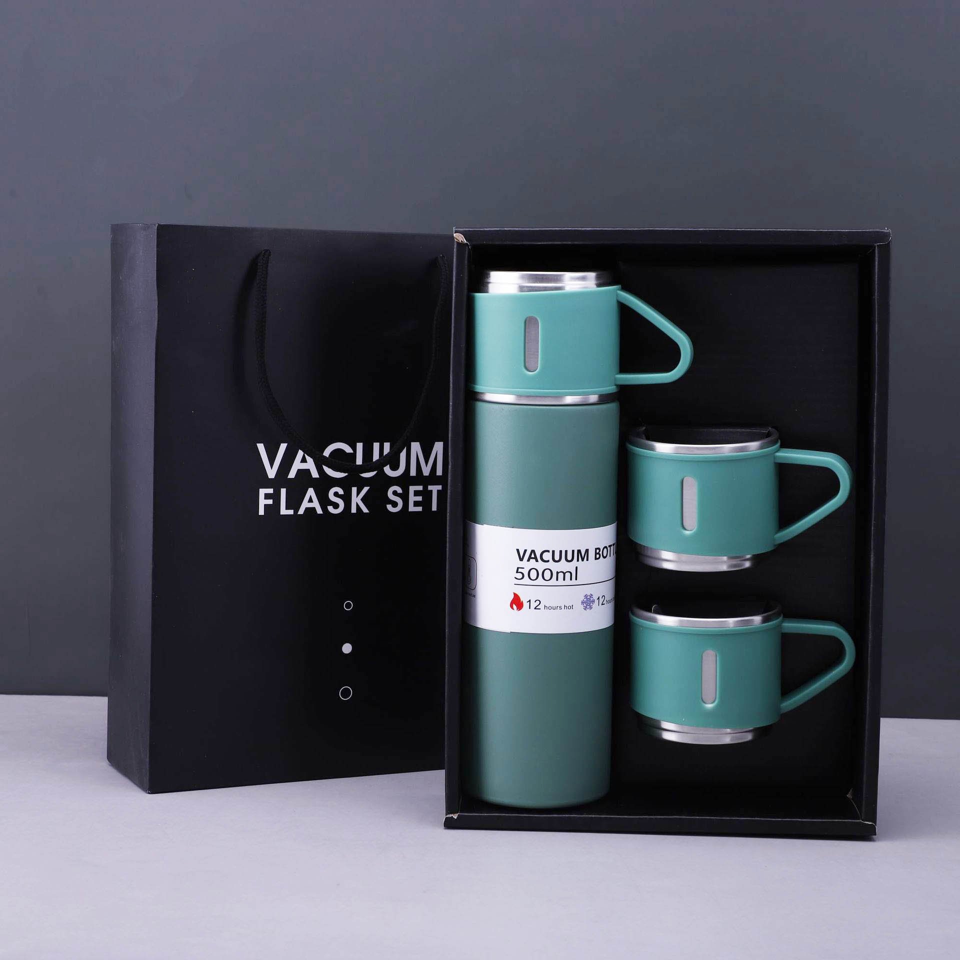 Business Gift 500Ml Green Drinking Vacuum Coffee Drinking Insulated Thermos Stainless Steel Flask Water Bottle with 3 Cups